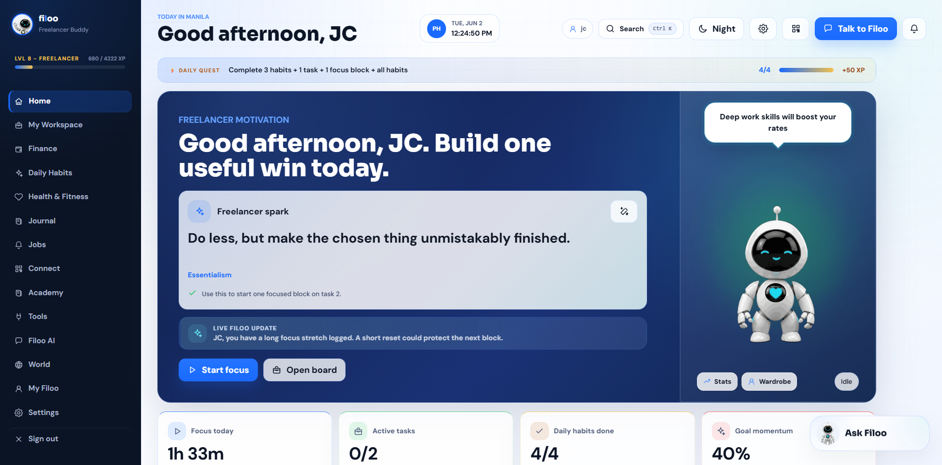 Filoo desktop app — home dashboard